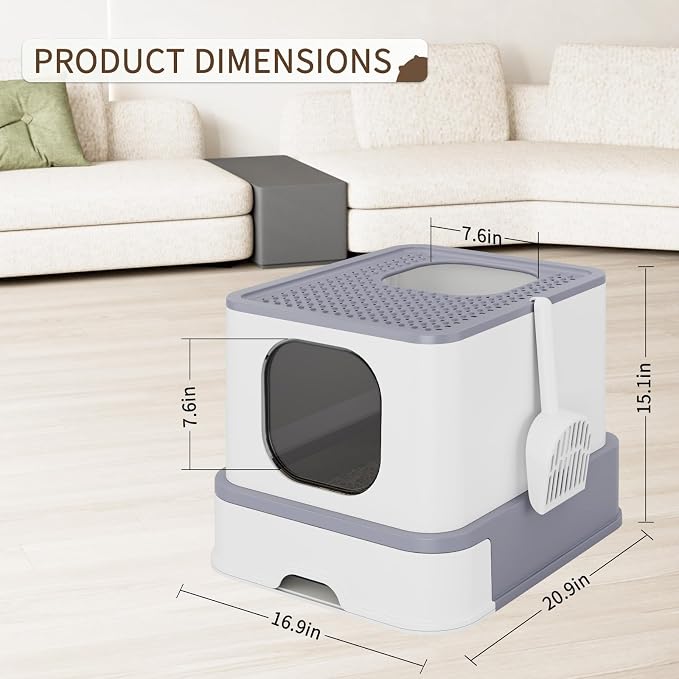 RIZZARI Stainless Steel Cat Box: Large Gray Enclosed Design Litter Pan - High-Edged & Teflon Coating - for Superior Odor Control & Easy-Clean Drawer - Ideal for Multi-Cat Homes Garage