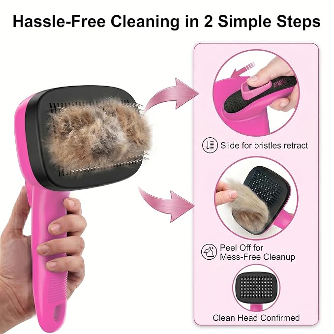 Self Cleaning Slicker Brush for Dog - 5 PCS Dog Brush Grooming Kit,Undercoat Rake Brush Comb for Small Large Dogs Cats, Dog Hair Brush Set, Grooming Deshedding at Home or Travel, Pink