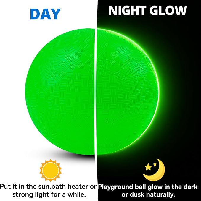 Glow in The Dark Ball 2 Pack, 8.5 Inch Light Up Kickball Playground Ball with 2 Mesh Bags & Hand Pump,No Battery Needed,Charge by Sunlight or Indoor Light, Green Luminous Rubber Bouncy Balls,Gift Box