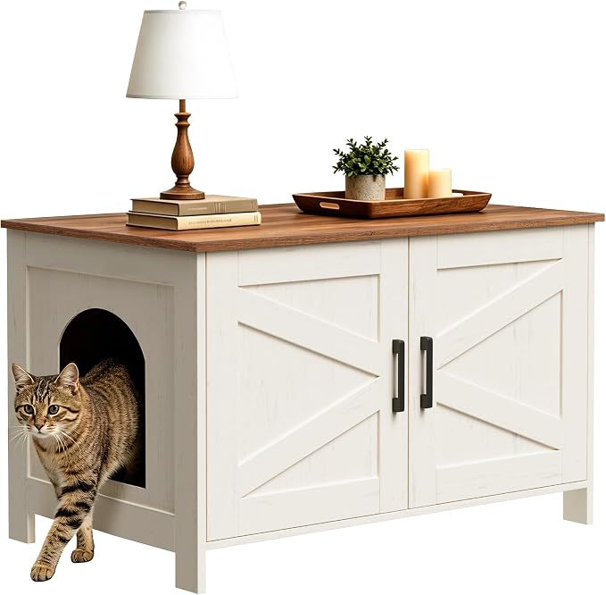 Homhedy Cat Litter Box Enclosure,Litter Box Furniture Hidden with Barn Door,Wooden Cat Washroom Furniture,Fit Most of Litter Box, Rustic White and Brown