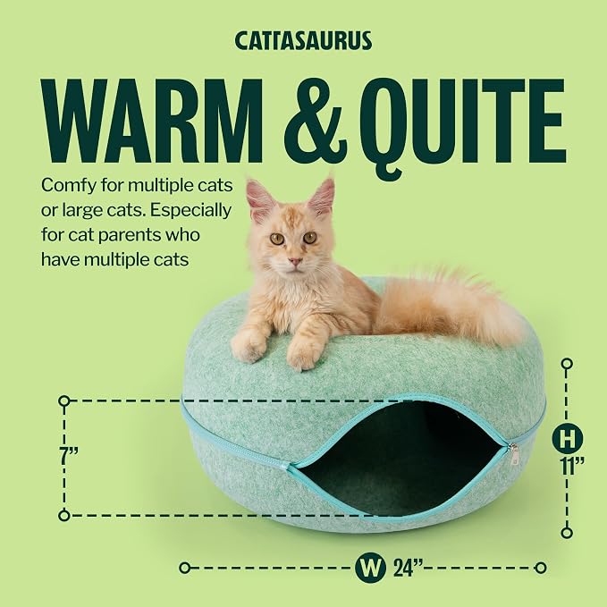 Cattasaurus Peekaboo Cat Cave Donut for Multiple & Large Cats up to 30-45 lbs, 3-in-1 Self Warming Cat Bed, Tunnel & Scratcher for Indoor Cats, Washable & Detachable Small Dog Bed (Sage Mist, Large)