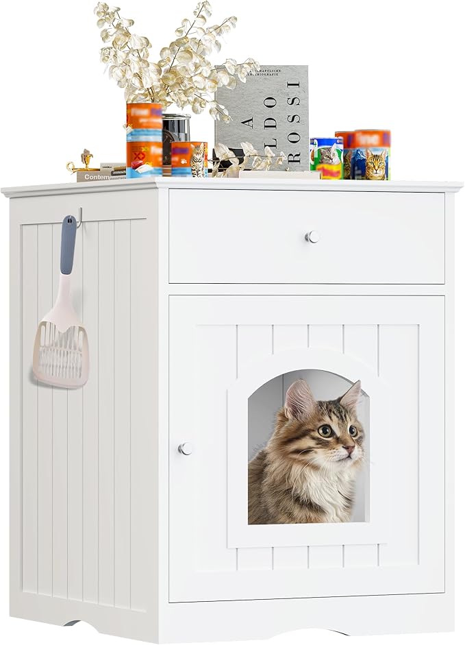 Litter Box Enclosure, Hidden Cat Litter Box Cabinet with Drawer, Wooden Pet Crate, Litter Box Furniture as Cat House, End Table, Fit Most of Litter Box (White)