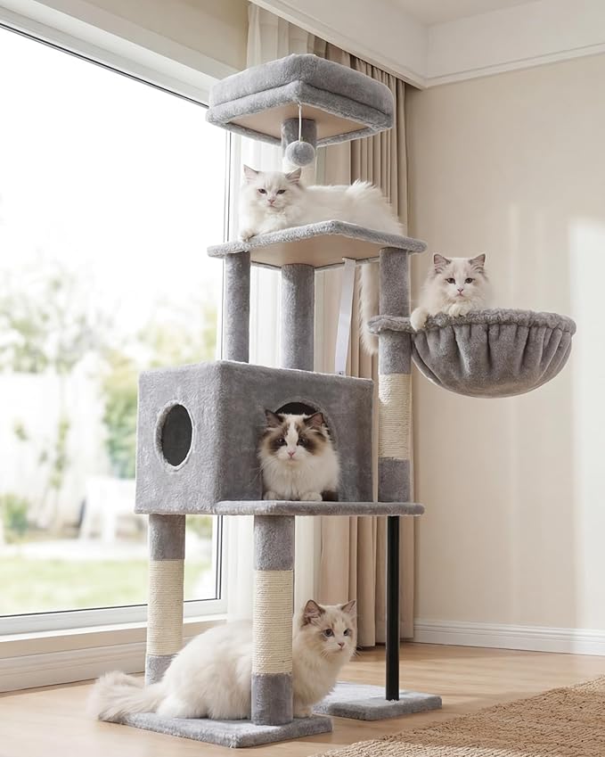 Heybly Cat Tree, 49.2 Inches Cat Tower for Indoor Cats, Spacious Cat House Condo with Hidden Space，Sturdy Steel Tube，Soft Plush Top Perch，Cozy Hammock and Sisal Scratching Posts, Light Gray HCT200SW