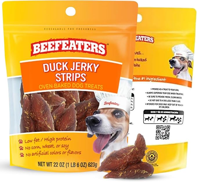 Beefeaters Duck Jerky Strips for Dogs 22 oz, Oven-Baked High Protein Dog Treats Duck Jerky - Low Fat Grain-Free Dog Snacks - No Corn Wheat or Soy - Chewy Dog Jerky Treats for Training and Rewards