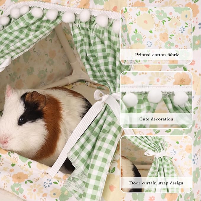 Hamster Hideout Tent with Curtain,Bunny Hideout, Machine Washable Guinea Pig Hide Tent Houses & Habitats, Triangular Hideout Shelter Small Animal Bed,Ferret, Rat, Chinchilla, Squirrel（Green）