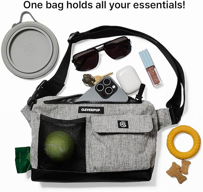 Cleverpup Walk & Train 2-in-1 Dog Walking Bag - Hands-Free Training Crossbody Sling & Fanny Pack with Treat Pouch, Poop Bag Holder, Phone Pockets - Adjustable Waist or Shoulder Strap - Heather Grey