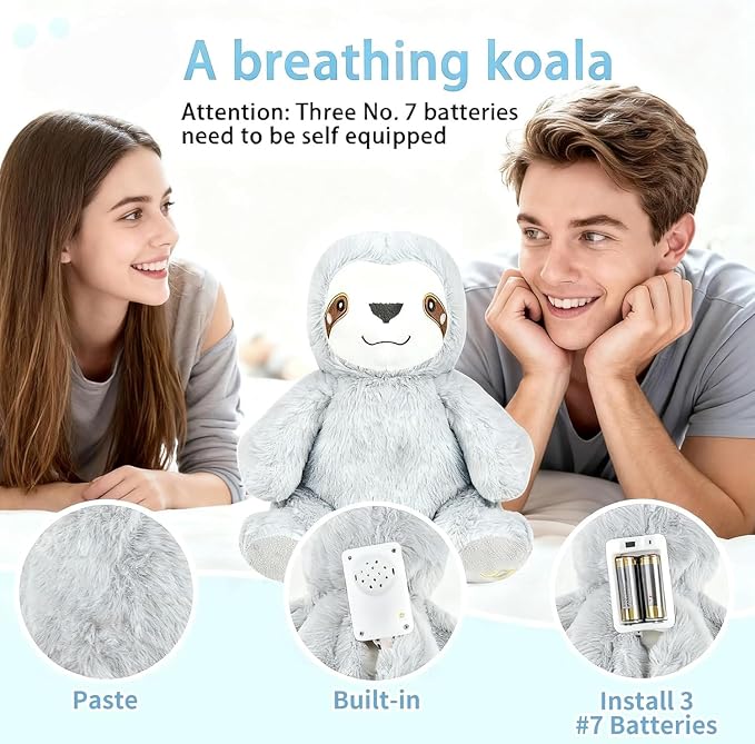 rytopt Breathing Stuffed Animal, Breathing Sloth, Simulated Breathing Sounds, 4 Gear Adjustment, Volume Control, with Music & Lights