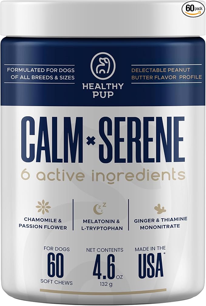 Healthy Pup Calming Chews for Dogs with Melatonin - 60 Delicious Soft Treats for Dog Anxiety Relief for Large and Small Dogs - Peanut Butter Flavor - Includes Chamomile, Thiamine, L-Tryptophan