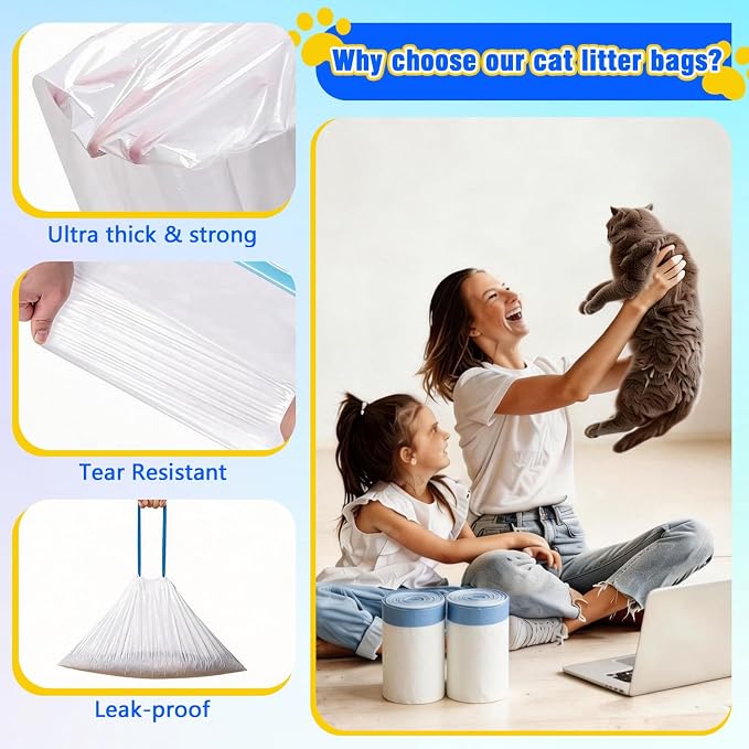 Cat Litter Box Liners 120 Count, Compatible with Fmo Fstg Paru Self Cleaning Litter Box, Pre-Separated Extra Thick Cat Litter Bags with Drawstring- 26" x 11.8", Holds 22LBS