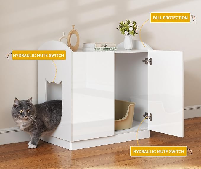DWVO Large Hidden Litter Box Furniture with Hooks, Modern Cat Litters Box Enclosure for M/L/XL Litter Boxes, Wooden Secret Cat Cabinet, High-Gloss White