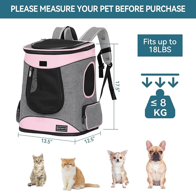 Petsfit Dog Backpack Carrier with Upgrade Waist Cushion Design to Better Fit the Waist, Suitable for Small and Medium Dogs Cats, and Rabbits up to 18 Pounds