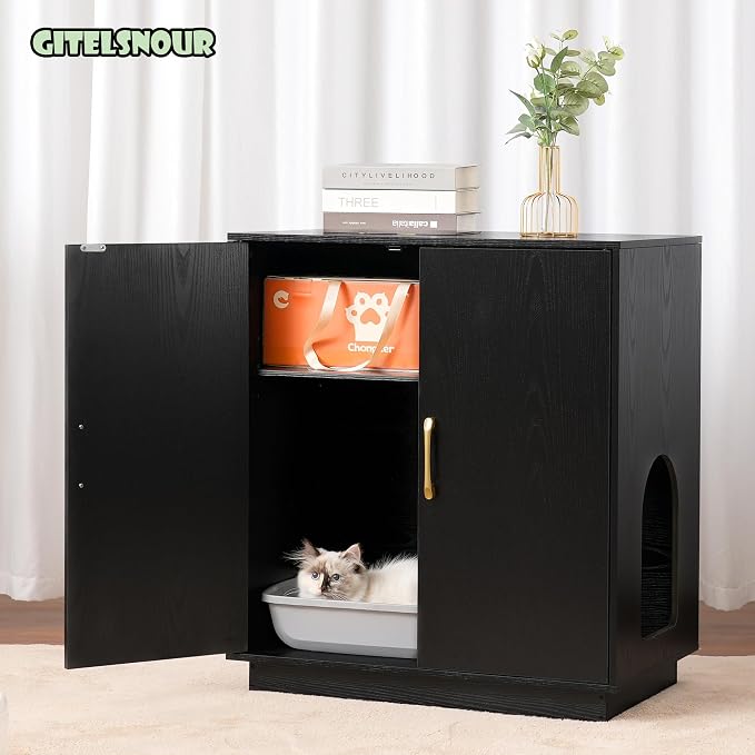 Gitelsnour Litter Box Enclosure, 30.9'' High Large Litter Box Furniture, Modern Cat Litter Box Enclosure with Hidden Storage, Side Table, End Table, Black GCLB003BK