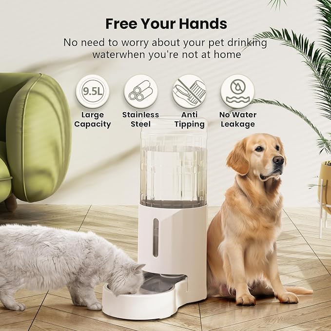 CZPET Dog Water Bowl Dispenser 9.5L, Wider Mouth & Upgraded Brush, Easy Cleaning Automatic Cat Gravity Refilling Waterer with Removable Stainless Steel Bowl, Large Drinking Area for Multi-Pet (White)