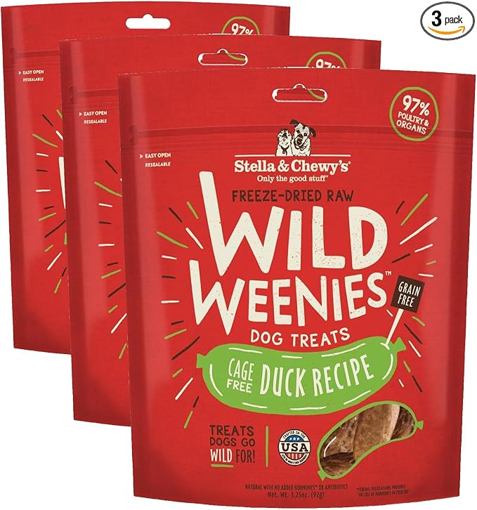 Stella & Chewy's Freeze-Dried Raw Wild Weenies Dog Treats - High-Protein Training Treats for Dogs & Puppies - All-Natural Cage-Free Duck Recipe with 97% Poultry & Organs - USA Made - 3.25 oz Bag
