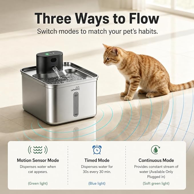 Wireless Cat Water Fountain Stainless Steel: 123oz/3.5L Automatic Water Dispenser for Kittens - 5000mAh Battery Operated Pet Fountain with 3 Replacement Filters & Motion Sensor