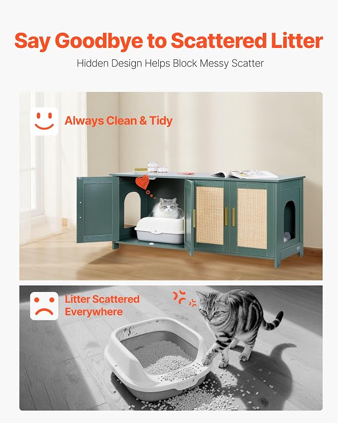 VEVOR Cat Litter Box Enclosure for Multi Cats, 47.2 in Hidden Litter Box Cabinet with 4 Rattan Doors & 2 Entries, Indoor Cat Washroom, Wooden Kitty House Furniture, Fit Most Litterboxes, Green