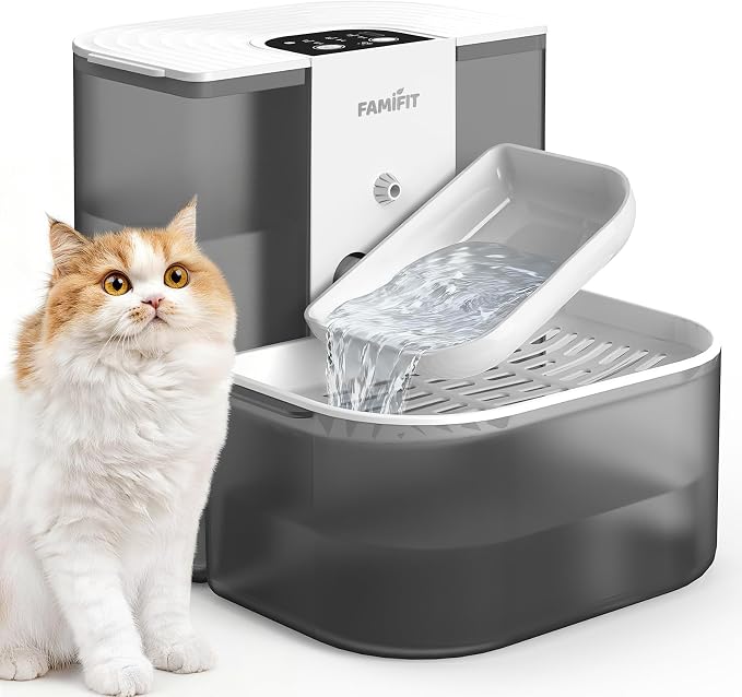 [New Upgrade] Famifit 4.5L+2L Automatic Cat Water Fountain (Non-Heated), 2000mAh Battery, Timed 3/6/9H & 80/100/120ml Control, Clean Water System, No Filter, Ceramic Bowl, Ultra Quiet