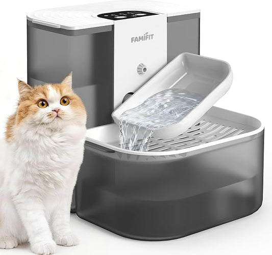 [New Upgrade] Famifit 4.5L+2L Automatic Cat Water Fountain (Non-Heated), 2000mAh Battery, Timed 3/6/9H & 80/100/120ml Control, Clean Water System, No Filter, Ceramic Bowl, Ultra Quiet