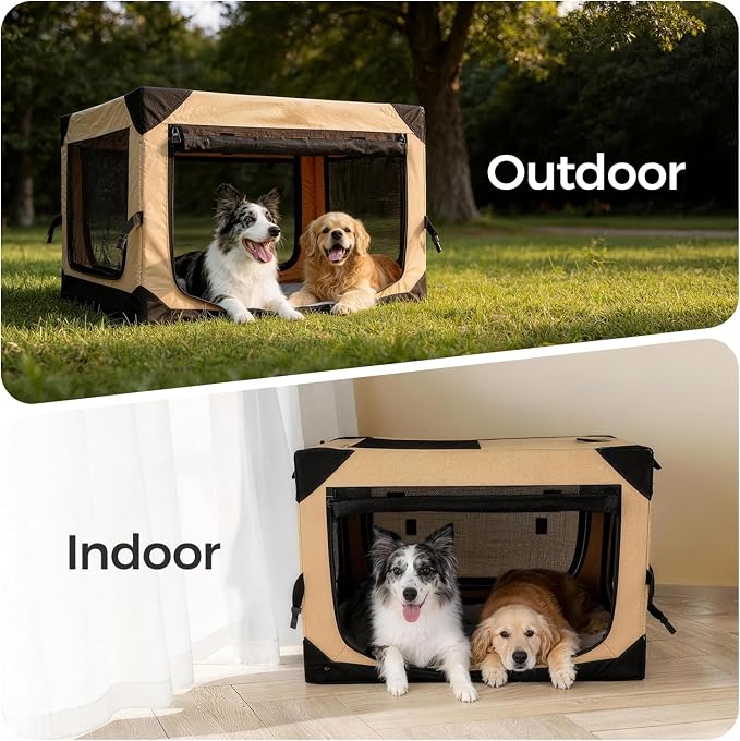 26 Inch Soft Collapsible Crate for Small Dogs, 4-Door Portable Foldable Soft Kennel with Chew Proof Mesh Windows for Indoor & Outdoor Travel Beige