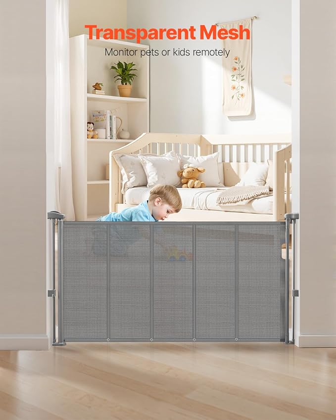 VEVOR Retractable Baby Gate, 34 inch Tall, Extends up to 55 inch Wide, Retractable Gate for Kids or Pets, Mesh Material, Easy to Install for Indoor Stairs, Doorways, Hallways, Playrooms, Gray
