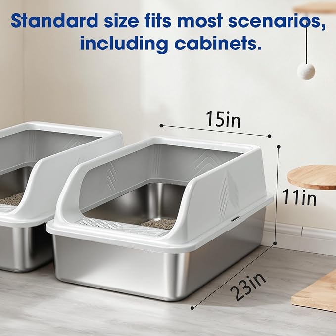 2 Pack XL Stainless Steel Litter Box, Metal Cat Litter Boxes with Lid, High Sided Enclosed Litter Boxes for Big Cat and Multiple Cats, Anti-Urine Leakage | Non-Stick Bottom & Includes Scoop