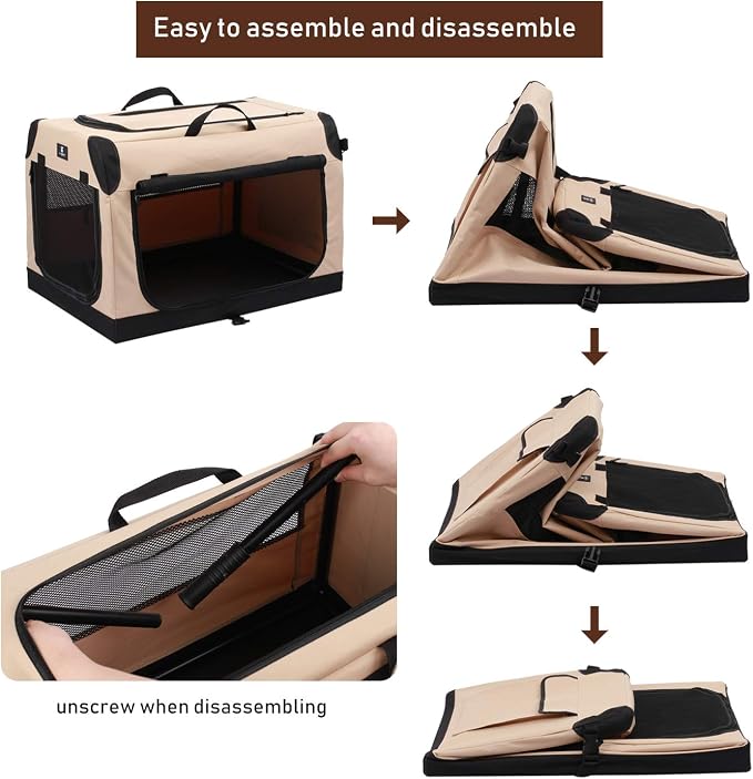 X-ZONE PET 3-Door Portable Soft-Sided Folding Soft Dog Travel Crate Collapsible Pet Kennel,Medium, Tan, 28 x 20 x 20 Inches