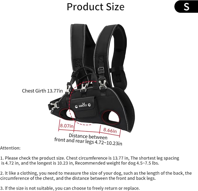 Wakytu Dog Backpack Carrier for Dogs,Dog Lift Harness,Adjustable Padded Breathable Straps for Dogs, Disabled, Joint Injuries, Arthritis,S