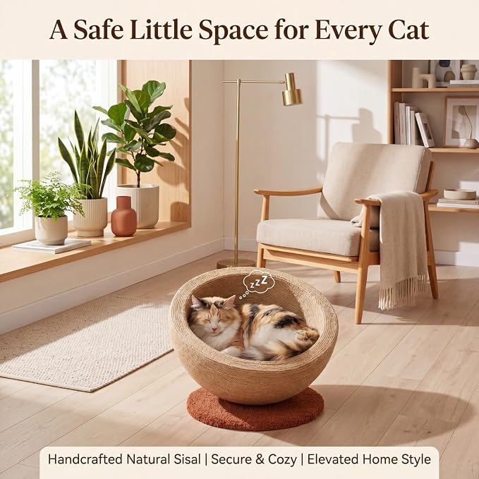Novabright Sisal Cat Scratcher Bed with Solid Wood Base 15 x 15 x 7.87 Inch 2-in-1, Round Scratching Nest Lounge for Indoor Cats, Adjustable Tilt or Flat Installation, Jute Cat Scratching Bowl