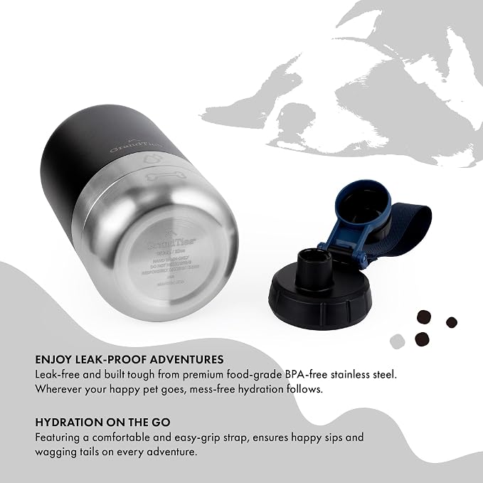 GrandTies Insulated Portable Dog Water Bottle with 2 Detachable Water Bowl Dispenser | Leak-Proof Dog Food Travel Container | Accessories for Dogs Walking, Hiking, Camping (32oz, Matte Black)