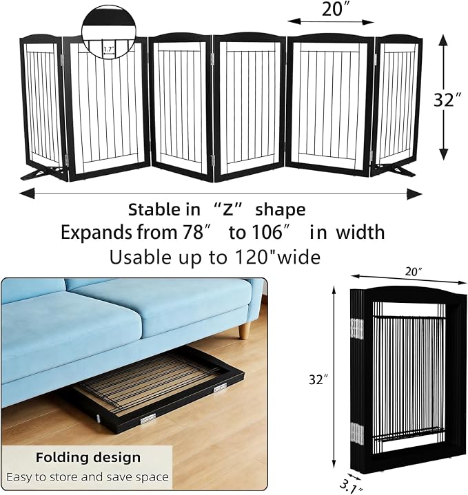ZJSF Freestanding Dog Fence Indoor, Foldable Dog Gate for Doorways, Stairs or Hallways, Sturdy Wood Extra Wide Pet Gate with Support Feet for The House, Black, 32 "Height-6 Panels