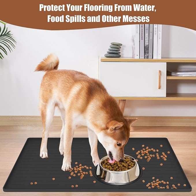 24"x16" Large Dog Food Mat, Silicone Dog and Cat Mats for Food and Water Bowls, Waterproof Raised Edge Pet Feeding Mat for Contain Spills Protects Floors, Multiple Colors & Sizes for Pets, Light Gray
