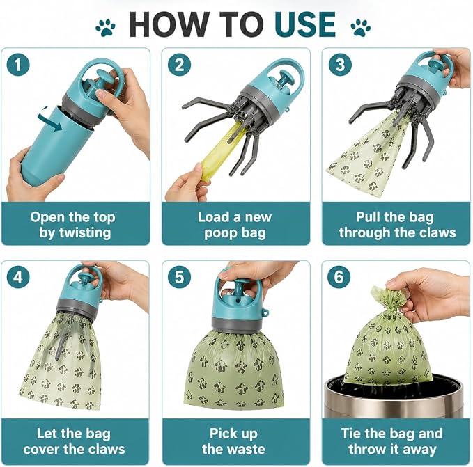Portable Dog Poop Scooper with Built-in Bag Dispenser One Hand Pet Waste Picker, Lightweight Dog Waste Grabber with 15 PCS Waste Bags for Walking, Yard & Travel
