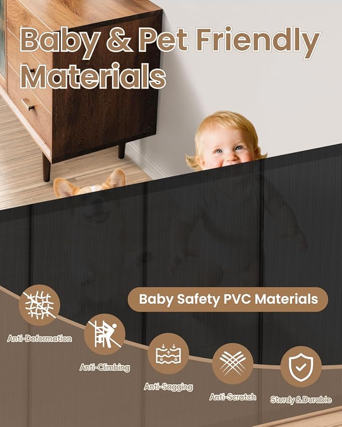 Retractable Baby Gate, 55" Wide Reinforced Mesh Baby Gate with 4 Fiberglass Support Rods for a Tighter Fit, 34" Tall Retractable Dog Gate for Stairways, Hallways and Doorways, Black
