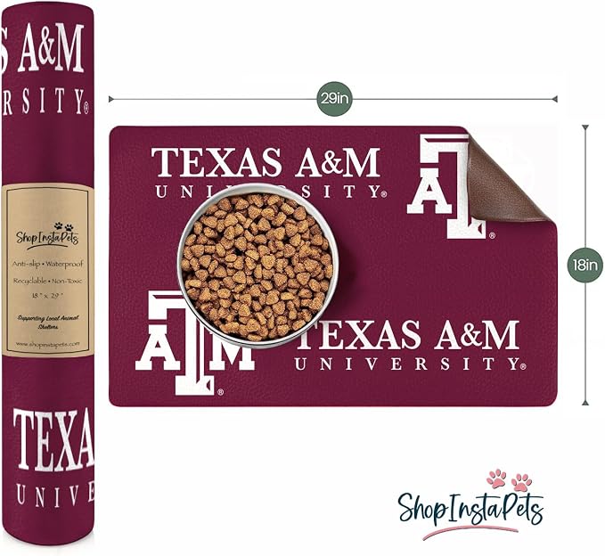 Texas A&M Aggies Officially Licensed Food and Water Mat for Dogs and Cats | 18" x 29" | Non-Slip | Water-Proof