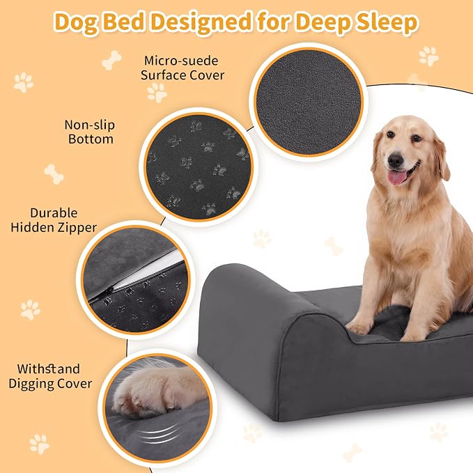 Rainmr Orthopedic Dog Beds for Large Dogs, 7" Memory Foam Dog Beds with Waterproof Liner, Durable Microsuede Cover, Removable and Washable, Nonskid Bottom, 52"x36"x7" XL Grey