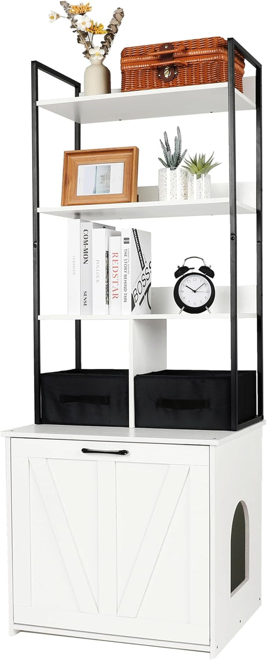 Dwanton Litter Box Enclosure with 3 Storage Shelves and 2 Drawers, 2-in-1 Hidden Cat Litter Box Enclosure Furniture with Shelf, Reversible Entrance, Washable Drawers, 61.8-Inch, White