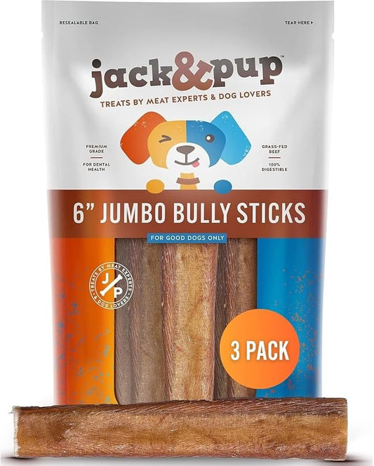 Jack&Pup 6 Inch Jumbo Bully Sticks for Dogs (3 Pack) Single Ingredient Dog Bully Sticks for Large Dogs and Aggressive Chewers