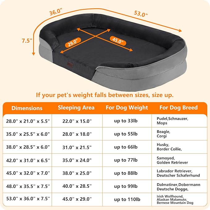 Dwanton Orthopedic Dog Bed for Extra Extra Large Dogs with Gel Memory Foam, Waterproof Dog Sofa, Washable Pet Bed with Four Sided Bolster Cushion, Removable Cover & Non-Slip Bottom, 53", Dark Grey