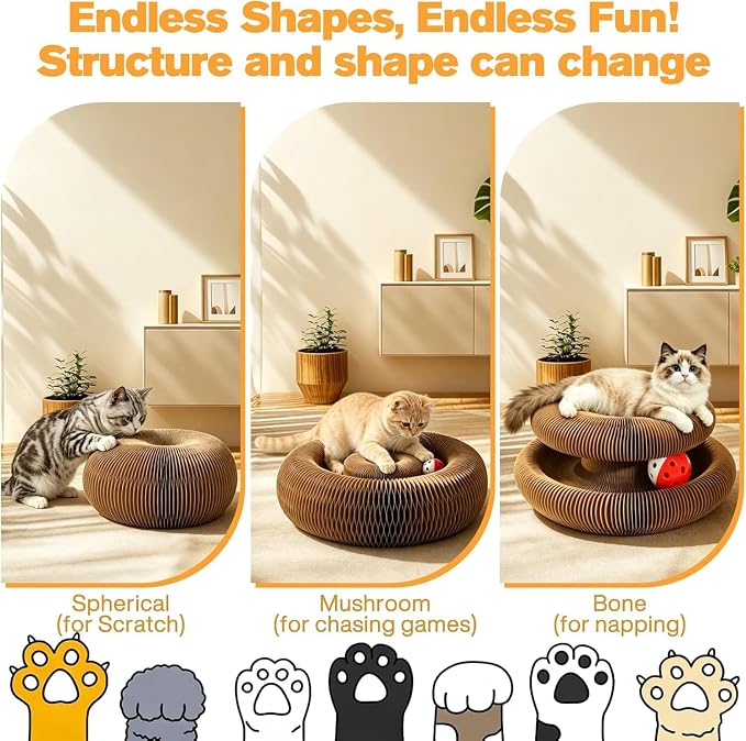 2PCS Magic Organ Cat Scratcher Boards with 4 Balls & 1 Interactive Cat Feather Toy, Foldable Recyclable Accordion Cats Toy with Ball and Track Adventure, Cat Scratching Pad