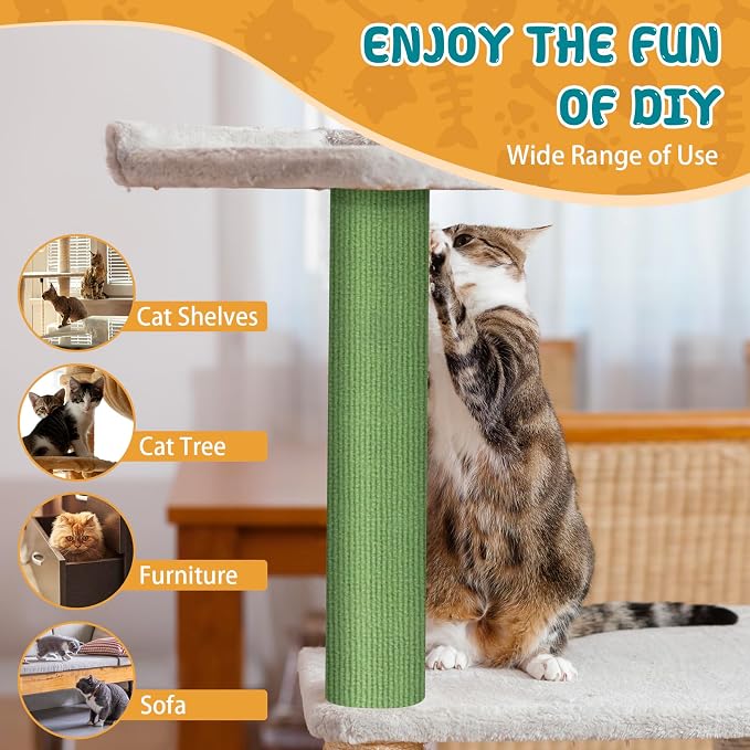 Climbing Cat Scratcher Mat Trimmable Cat Scratching Post Carpet 39.3’’x15.8’’ Self Adhesive Carpet Mat Pad Replacement for Cat Tree Shelves Post Couch Wall Furniture Steps DIY Protector (Green)