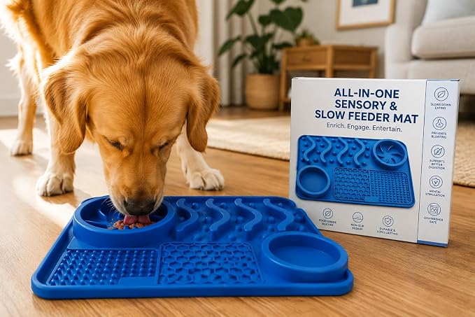Silicone Dog Feeding Mat with Slow Feeder & Lick Pad for Dogs and Cats – Non-Slip Spill-Proof Pet Feeding Tray with Bowl Holder, Dishwasher Safe, Support, 12 x 8 Inch Blue