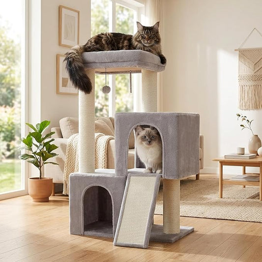 PAWZ Road Large Cat Tree, 45" Heavy Duty Cat Tower with Dual Condos, 3 Thick Full Wrapped Sisal Posts(φ4.3), Spacious Top Perch, Scratching Ramp for Large Cats,Gray