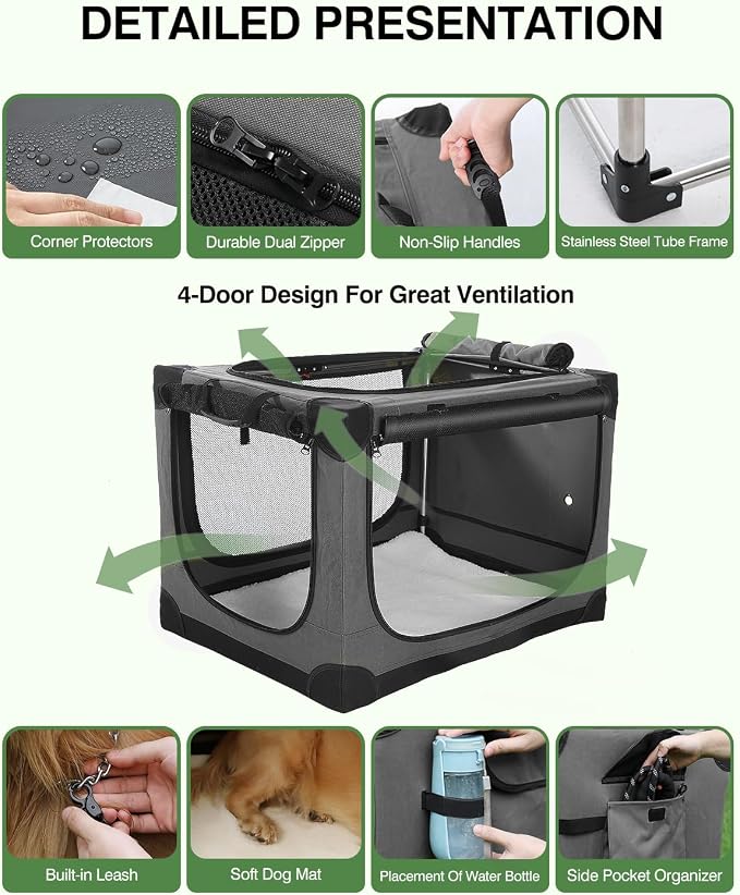 Veraste 33" L x 25" W x 25" H Collapsible Travel Dog Crate, Portable Soft Dog Kennel for Medium Large Dogs up to 60 lbs, 4-Door Foldable Travel Crate with Durable Mesh & Storage Bag, Grey