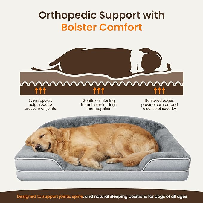 Orthopedic Dog Bed for Medium Dogs, 35 x 25 Inch Waterproof Egg Crate Foam Large Dog Couch Bed with Sides, Washable Removable Cover, Non Slip Bottom, Light Grey