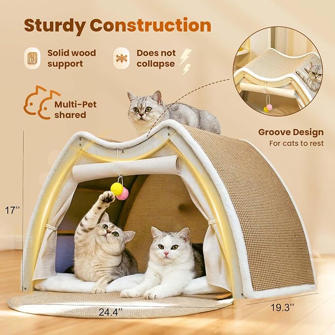 Cat Houses for Indoor Cats - Large Cat Bed Cave with Natural Sisal Cat Scratcher Mat, Solid Wood Frame Cat House with Curtains and Cat Floor Scratching Pad Rug, Protect Couch and Carpets, L