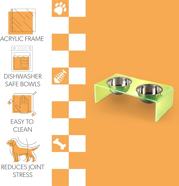 DBL2000G Keaton 5" Small/Medium Modern Acrylic Rectangular Elevated Pet Feeder with 20oz 2-Stainless Steel Bowls, Green/Chrome