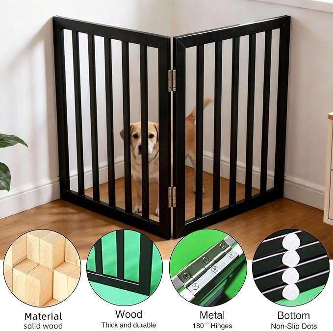 Dog Gate Indoor, Freestanding Dog Fence for The House, Doorways, Hallways,or Stairs,Pet Gate Foldable Wooden,Expandable 32" Height 2 Panels,Black