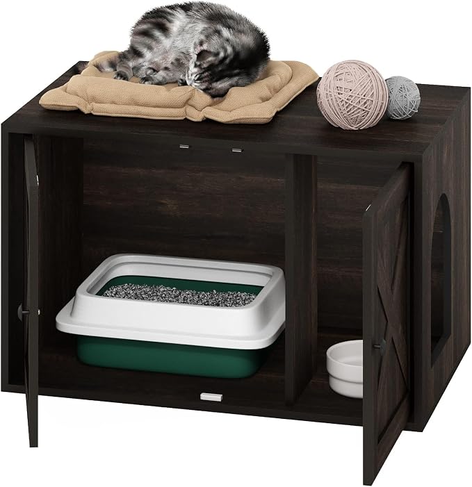 Furinno Peli Farmhouse Cat Litter Box Enclosure, Ebony