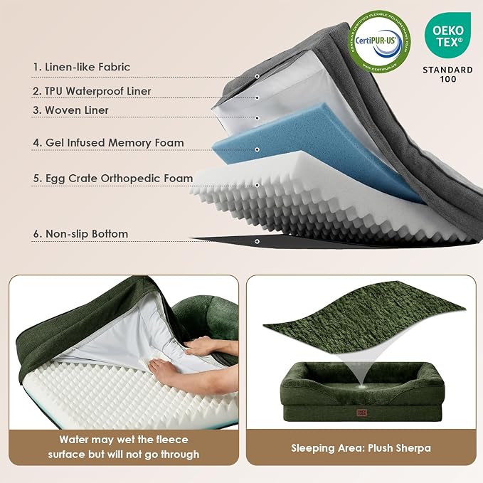 EHEYCIGA Orthopedic Dog Bed for Large Sized Dog, 41x27 Inch Large Memory Foam Dog Couch Bed with Sides, Waterproof Liner & Washable Removable Cover, Bolster Pet Sofa, Dark Green