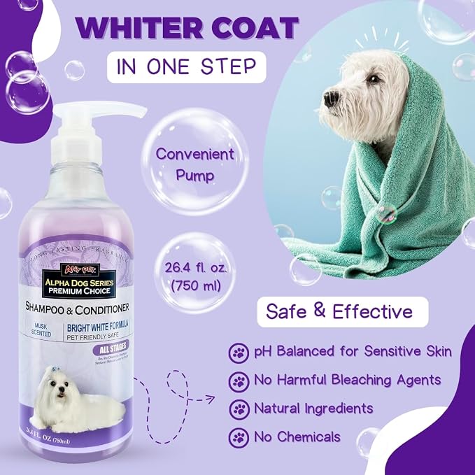 Bright White Shampoo and Conditioner Set with Aloe Vera pH Balanced Dog Grooming Shampoo and Conditioner for Dogs, Tear-Free Moisturizing Dog Shampoo, 26.4 Oz (Pack of 6)